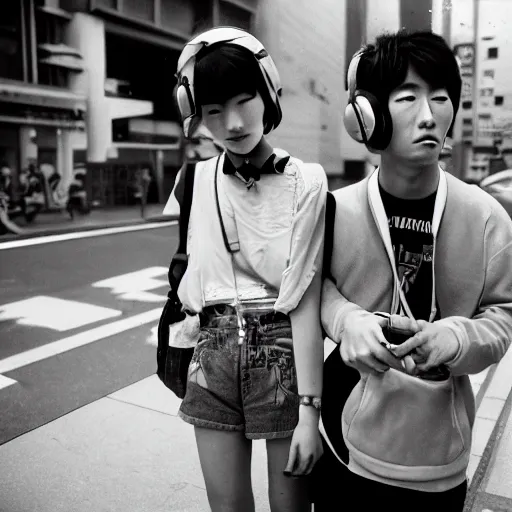 Image similar to Japanese teenagers male and female, street photography in the 80s, economic boom, punks, highly realistic, photography, photorealistic, Tokyo, fashion, wearing Sony Walkman and headphones