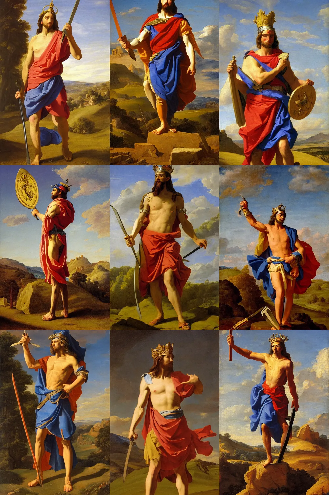 Prompt: Figure of an ancient hero standing on a hilltop in the sunlight with a sword and shield in his hands and a crown on his head by Nicolas Poussin and Laurent de La Hyre, ultra detailed, oil painting, mythological painting, Renaissance,