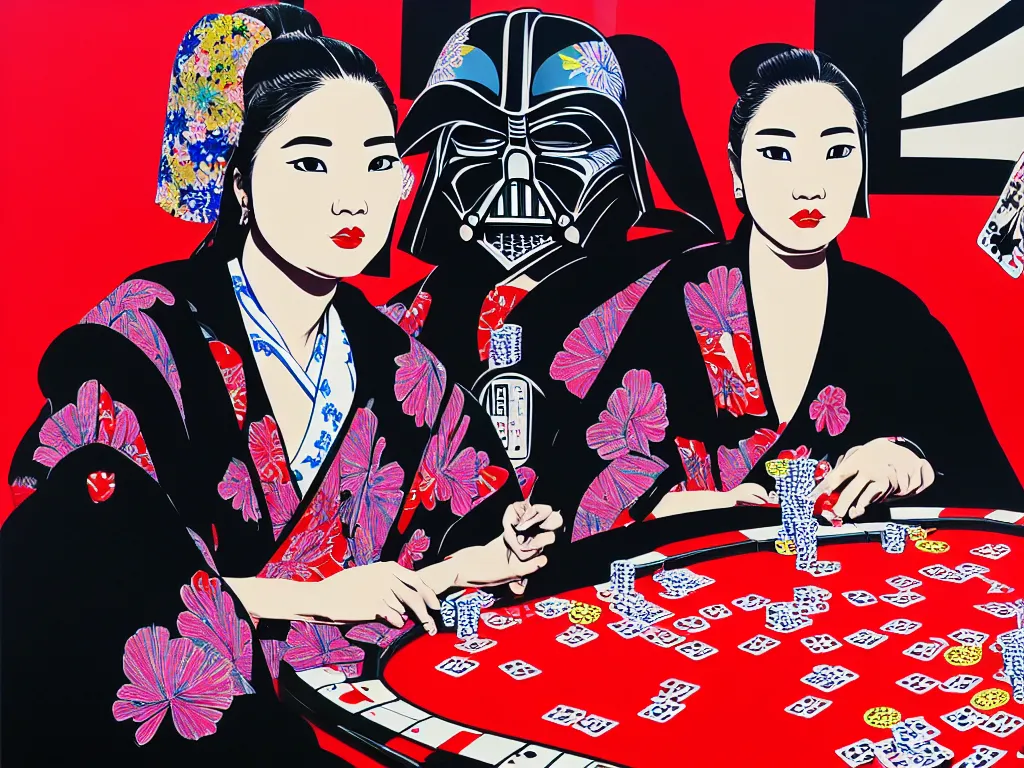 Image similar to hyperrealism composition of the detailed woman in a japanese kimono sitting at an extremely detailed poker table with darth vader, fireworks on the background, pop - art style, jacky tsai style, andy warhol style, acrylic on canvas