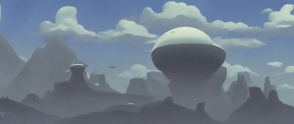 Image similar to floating islands in sky, concept art, low angle, cinematic, style of ralph mcquarrie