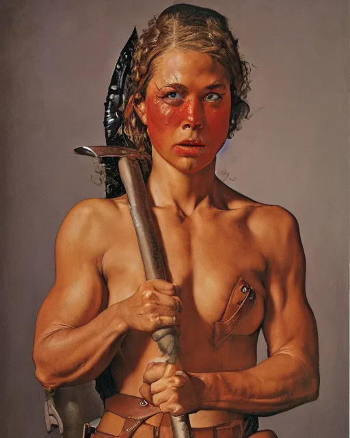 Image similar to portrait of a savage muscular barbarian female with light leather armor, by norman rockwell