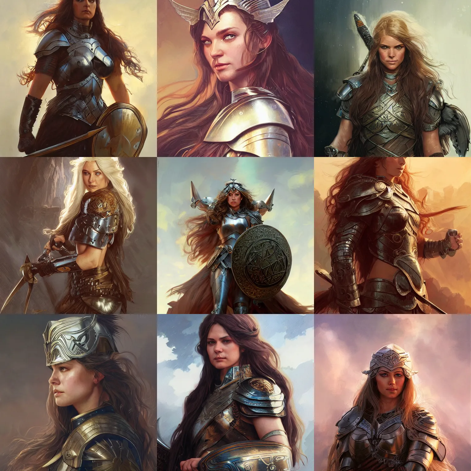 Image similar to long-haired valkyrie, armored, fantasy, D&D, portrait, highly detailed, digital painting, artstation, concept art, sharp focus, illustration, art by artgerm and greg rutkowski and alphonse mucha