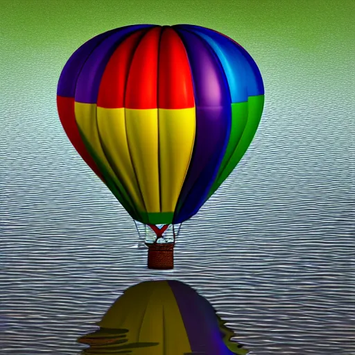 Image similar to A 3D render of a rainbow colored hot air balloon flying above a reflective lake