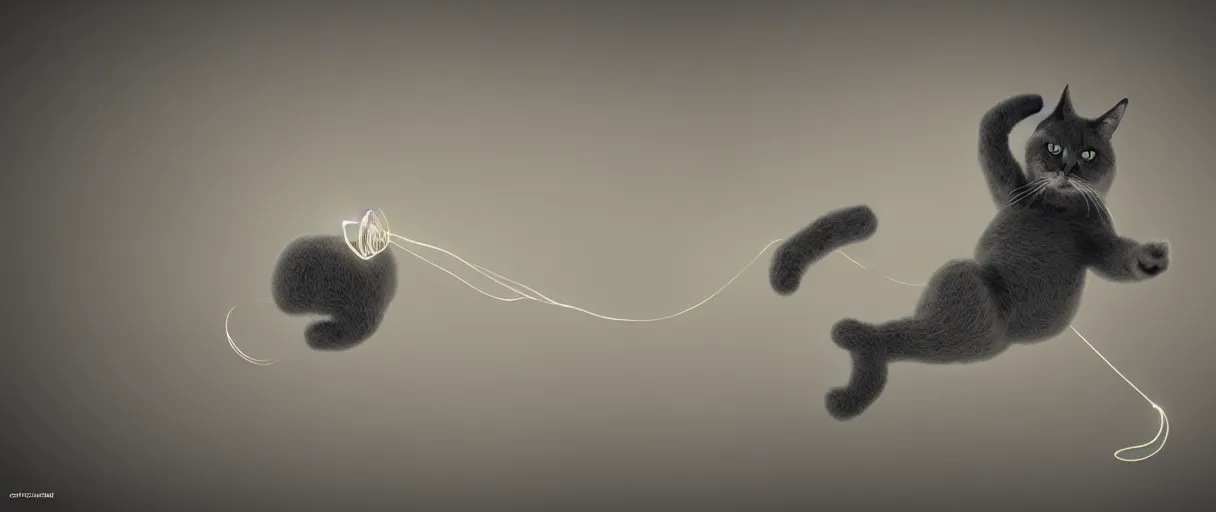 Image similar to 3 d render of cat playing with yarn in non - euclidean space, dynamic motion, concept art, high detail, artstaion, dark atmosphere, noir, 4 k