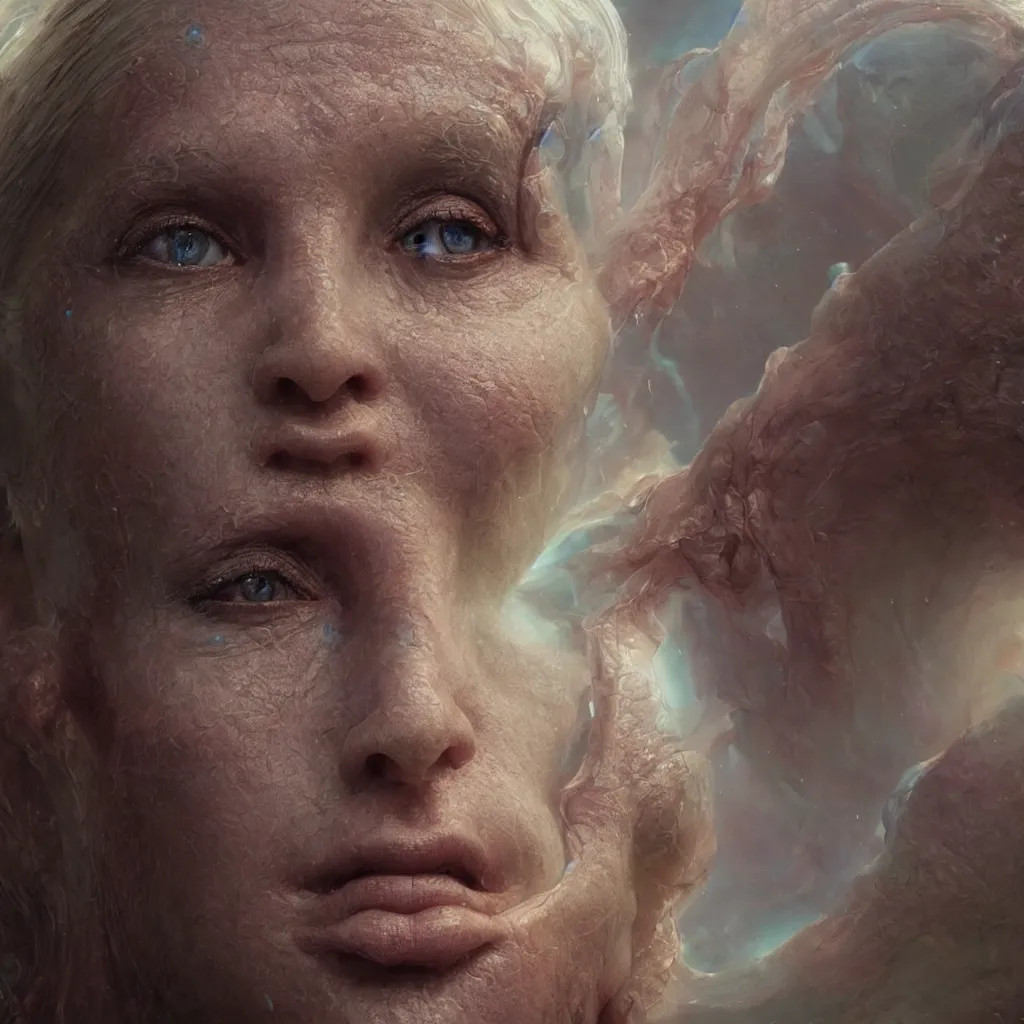 Image similar to extremely detailed cinematic movie still medium shot of enlightened iridiscent goddess hyperreal skin face by denis villeneuve, wayne barlowe, simon birch, marc simonetti, philippe druillet, beeple, alex grey bright volumetric sunlight, rich moody colors, bokeh