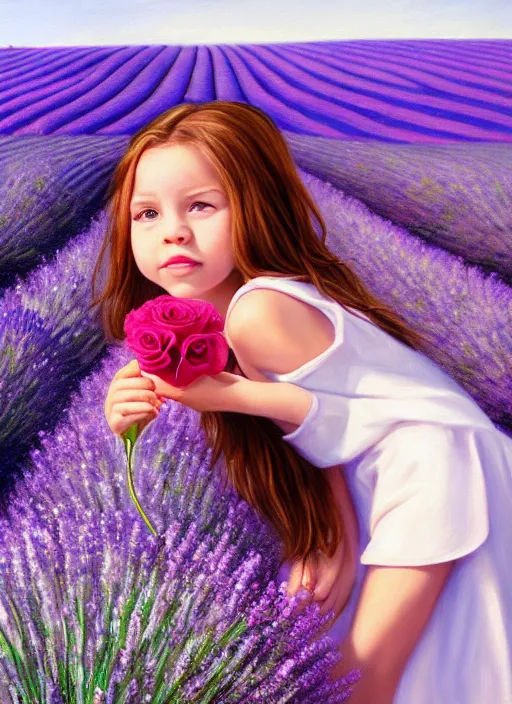 Image similar to girl eating a rose in a lavender field. by AquaSixio, hyperrealistic oil painting, 4k, very detailed faces