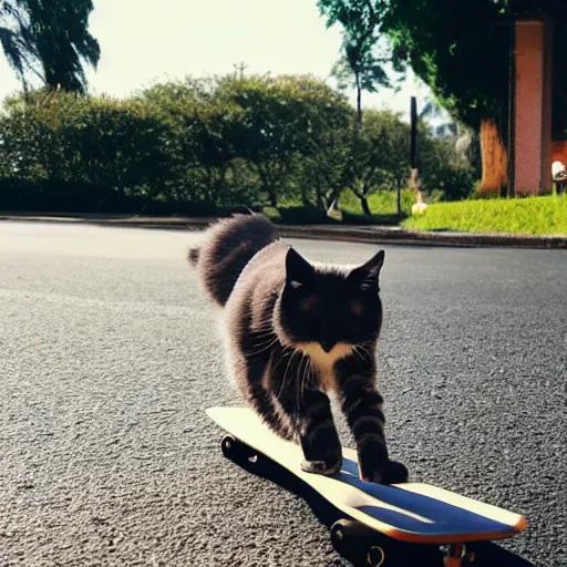 Image similar to salem the cat riding a skateboard looking extremely cool, 8 k, tv still