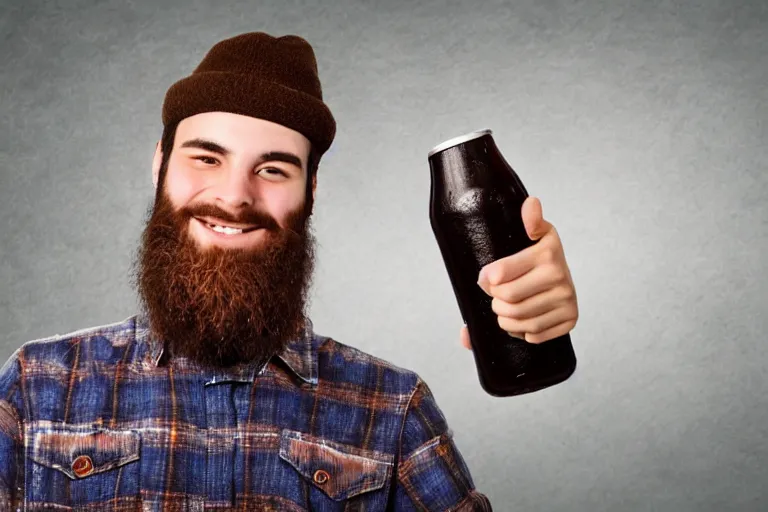 Prompt: a young man holding a beer giving a thumbs up with a long beard, airbrushed, detailed