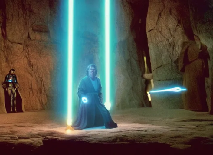 Image similar to screenshot of Luke skywalker kneeling before the larger than life glowing blue spirit of qui gon jinn at a hazy lit ancient Jedi cathedral, screenshot from the 1970s star wars thriller directed by stanley kubrick, Photographed with Leica Summilux-M 24 mm lens, ISO 100, f/8, Portra 400, kodak film, anamorphic lenses