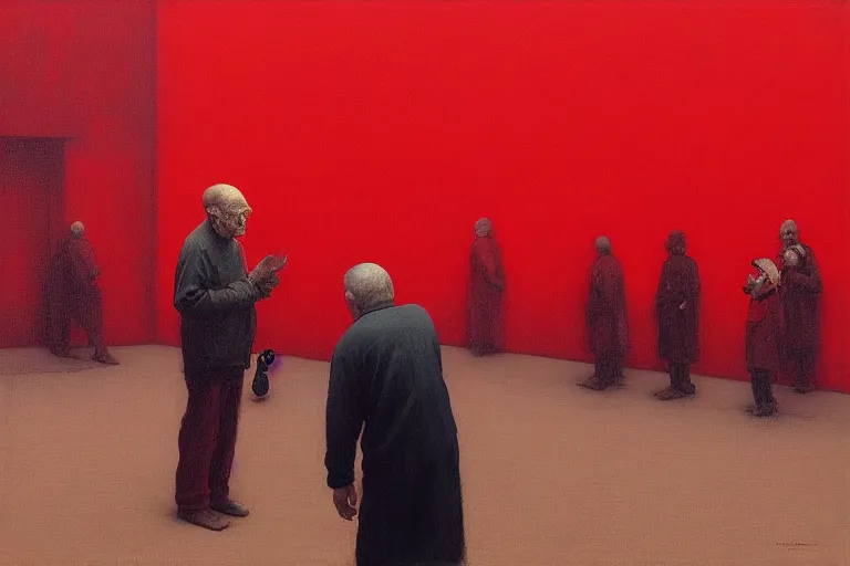 Image similar to only with red, a red old man try to sell a portrait, in a square, crowd cheers, in the style of beksinski, parts by edward hopper, parts by rodcenko, parts by yue minjun, intricate and epic composition, red by caravaggio, insanely quality, highly detailed, masterpiece, red light, artstation, 4 k