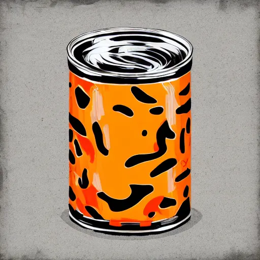 Image similar to tiger print by steve henderson, by pete turner experimental. in this body art, the artist has used a photo - realist style to depict a can of soup. the can is placed on a plain background, & the artist has used bright, primary colors to create a striking image. the body art is both realistic & abstract