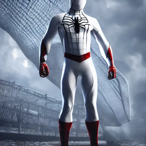 Image similar to white spider - man suit with black web lining, cinematic, volumetric lighting, realistic, hyperdetailed, photorealistic, photograph