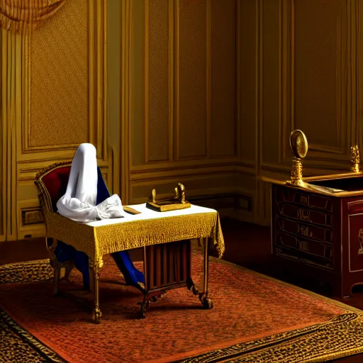 Prompt: An extremely detailed render of a mummy, sitting at his Louis XIV desk, with very old curtains in the room. The desk has a 1880 phone on it. Dusty air, god rays, raytracing shadows, ambient occlusion, 8K, RTX 3090, trending on artstation, lumens