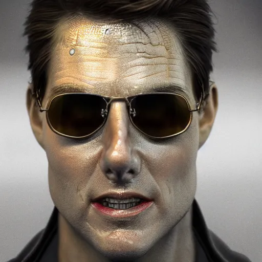 Image similar to tom cruise as a robot, digital art, octane render, highly detailed, featured on artstation, intricate gold etching