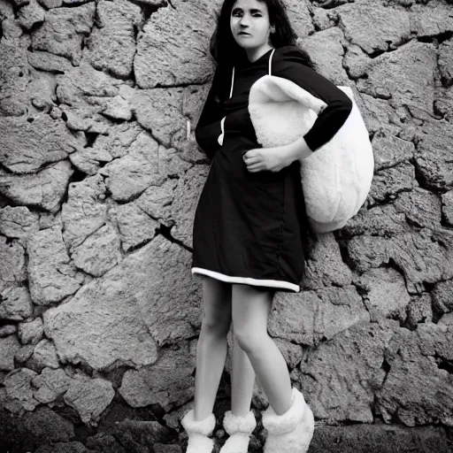 Prompt: portrait of a woman, age 2 0, in a cartoony sheep costume, outside, stone wall in background, street photography by steve mccurry, 5 0 mm f / 1. 4