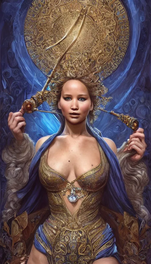 Prompt: jennifer lawrence as a sorceress, passionate, seductive, sweaty, intricate dressed in ornate blue robes and staff, lovely, intricate, highly detailed, digital painting, artstation, concept art, karma sutra, smooth, sharp focus, illustration, unreal engine 5, 8 k, art by artgerm and greg rutkowski and alphonse mucha