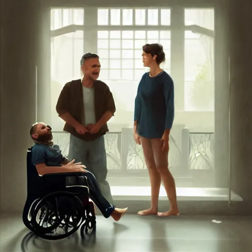 Image similar to a male patient in a wheelchair in the hospital with his wife and son standing by. happy, cheerful, smiling, intricate, face enhance, sharp focus, cinematic lighting, 8 k, art by greg rutkowski, william adolphe bouguereau