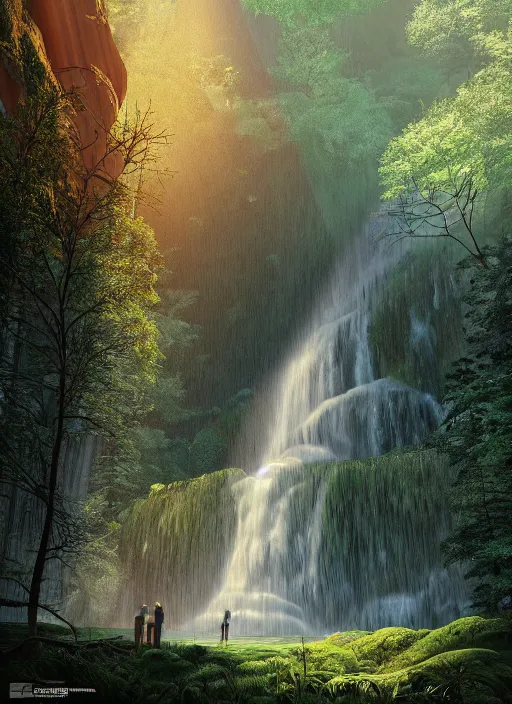 Image similar to beautiful big house in the forest, a big waterfall flows down from the mountain, vector art, octane render, fabulous, hyper detailed, random cinematic view, no noise, global illumination, warm lighting, volumetric, godrays, vivid, beautiful, by jordan grimmer