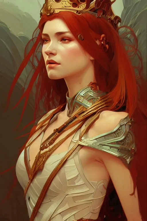 Image similar to a beautiful warrior queen, fantasy, portrait, sharp focus, intricate, elegant, digital painting, artstation, matte, highly detailed, concept art, illustration, ambient lighting, art by ilya kuvshinov, artgerm, Alphonse mucha, and Greg Rutkowski