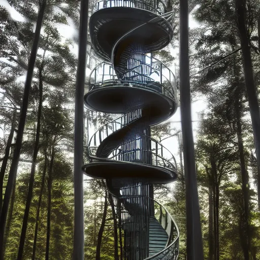 Prompt: Hyper realistic, very high helix shaped observation tower made by chrome metal in forest, Future design, wide angle shot, architecture design, parametric architecture, environment, sunset, foggy, Cinematography, mega scans, cinematic, hyper realistic, photo real, cinematic composition, highly detailed, vray, 8k render