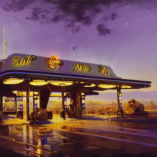 Prompt: painting of syd mead artlilery scifi organic shaped gas station with ornate metal work lands on a farm, filigree ornaments, volumetric lights, purple sun, andreas achenbach