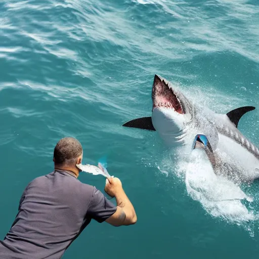 Prompt: a man feeding a shark