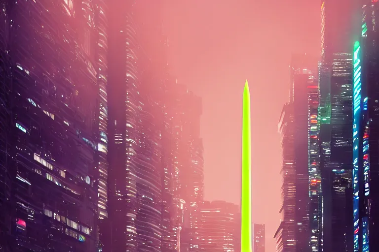 Image similar to buenos aires obelisk, cyberpunk neon, 4 k wallpaper sci - fi 8 0's movie still full hd, detailed masterpiece, fog