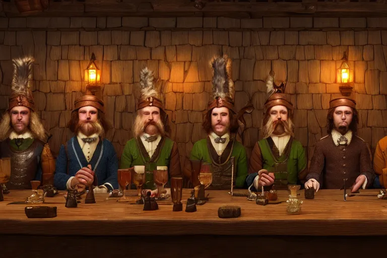 Prompt: A group of High Fantasy Creatures lined up for a portrait in a Tavern directed by Wes Anderson, Regal, Formal, Symmetrical, Satisfying, Dynamic lighting, Highly Detailed, Cinematic Lighting, 8k, HD