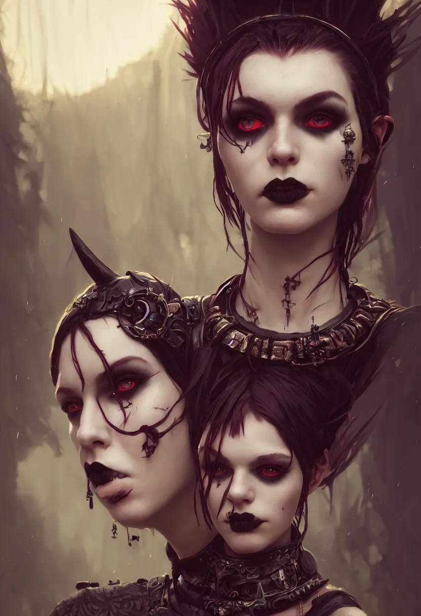 Image similar to beautiful very extreme closeup portrait, goth girl, piercings collar, mohawk hairstyle, medieval dress. witch, makeup. unreal engine, greg rutkowski, loish, rhads, beeple, tom bagshaw, alphonse mucha, global illumination, detailed and intricate environment