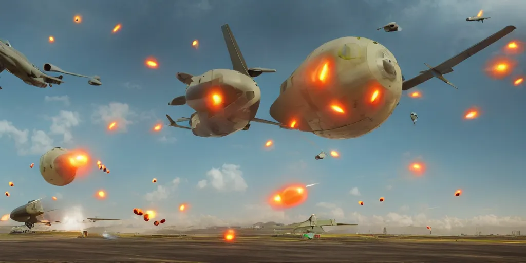 Prompt: giant flying tic tacs attacking a military air field, unreal engine render, octane render, realistic, intricate, detailed