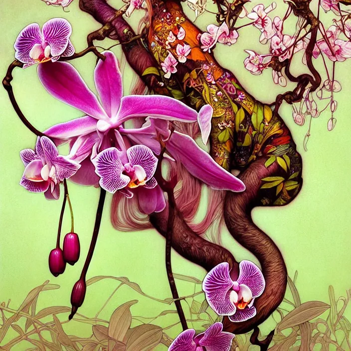 Image similar to psychedelic animal, orchid, cherry blossom tree, mushrooms, diffuse lighting, fantasy, intricate, elegant, highly detailed, lifelike, photorealistic, digital painting, artstation, illustration, concept art, smooth, sharp focus, art by John Collier and Albert Aublet and Krenz Cushart and Artem Demura and Alphonse Mucha and Giuseppe Arcimboldo