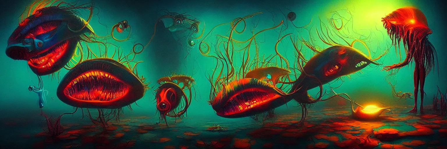 Image similar to strange alien fish creatures from the depths of the collective unconscious, dramatic lighting, surreal darkly colorful painting by ronny khalil