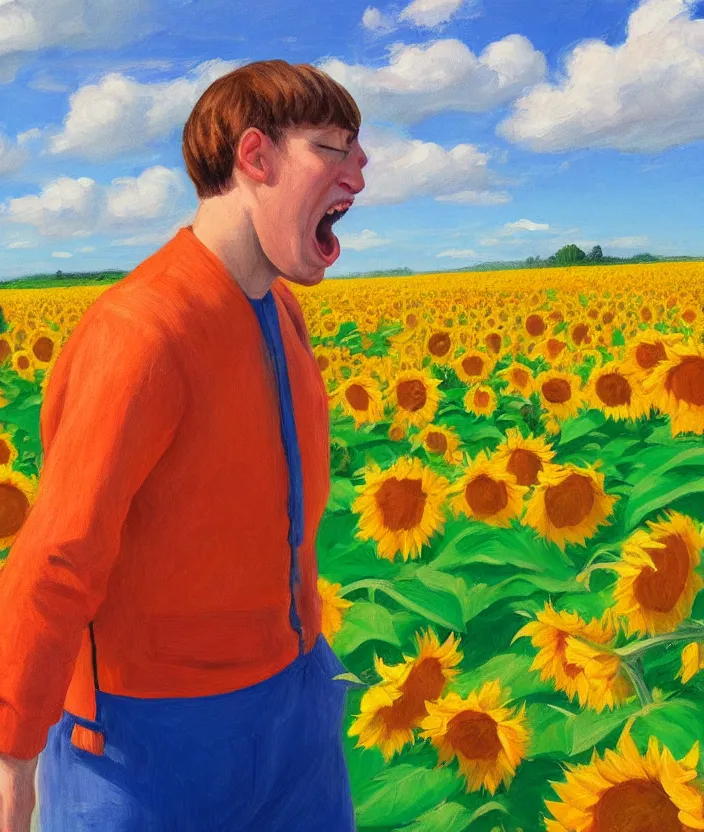 Image similar to a closeup portrait of a man in an orange prisoner overall, standing in beautiful sunflower field, screaming and sad, highly detailed, aesthetic clouds in the sky, in the style of edward hopper, very fine brush strokes, 4 k,