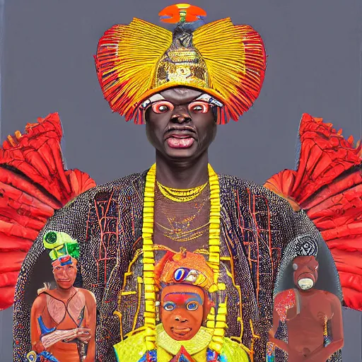 Image similar to highly detailed painting of the oba of benin surrounded by masquerades, fantasy, 8 k, realistic, symmetrical, digital illustration,