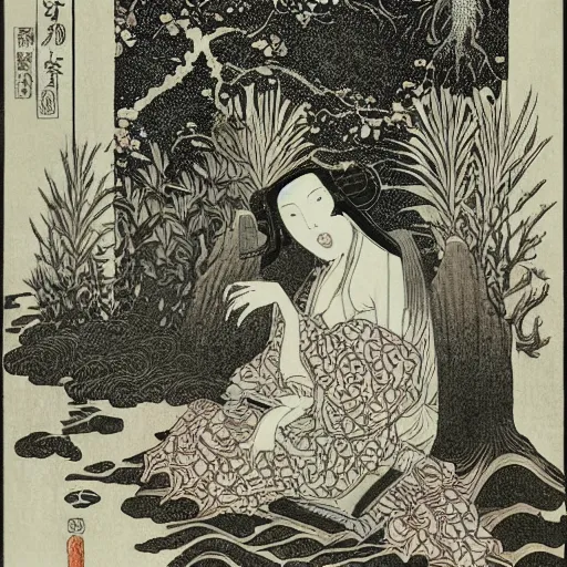 Prompt: a japanese woodcut, lush forest, woman sitting on ground, magical, witchcraft, fire, rain, ernst haeckel, spirit, life and death, moebius, scroll