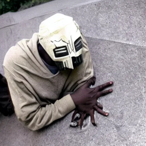 Image similar to rapper MF DOOM seen crawling out of his grave sporting his iconic mask