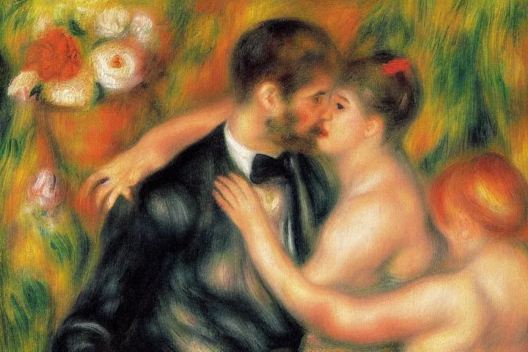 Prompt: a perfect painting, detiled painting in the style of Pierre-Auguste Renoir, of a dream that I dreamt that we left all the pain and sorrows behind. We looked into our eyes as we placed our hands on each other’s chest, and all the love and happiness that had been dampened by our wounds emerged like a sprout. It felt like home. Our bodies were covered by soothing colors. Blue, violet, pink and white rays of light caressed our hearts, and suddenly, we were one. It was always meant to be that way, even though our heads tried to fool us in the past. We were one. ethereal lights, details, smooth, sharp focus, illustration, realistic, cinematic, artstation, award winning, rgb , unreal engine, octane render, cinematic light, macro, depth of field, blur, red light and clouds from the back, highly detailed epic cinematic concept art CG render made in Maya, Blender and Photoshop, octane render, excellent composition, dynamic dramatic cinematic lighting, aesthetic, very inspirational, arthouse.