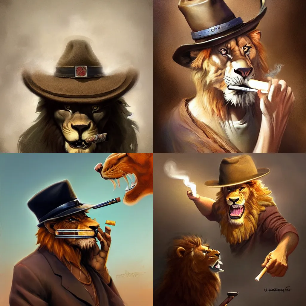 Prompt: A digital painting of a lion wearing a Mafia Hat while smoking a cigarre, by Stanley Artgerm Lau, frank frazetta, Rossdraws, James Jean, gerald brom, Andrei Riabovitchev, Marc Simonetti, and Sakimichan, trending on artstation, SFW version