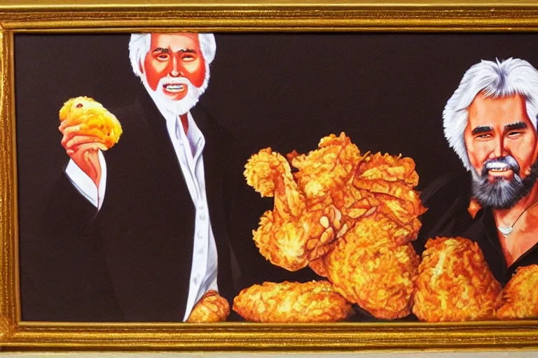 Prompt: black velvet painting of kenny rogers with fried chicken in frame