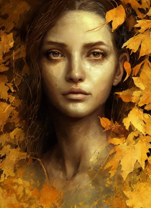 Image similar to golden leaves at frame border, creative composition for a book cover, moon, beautiful portrait painting by jeremy mann, a female witch absurdly beautiful, ultrafine hyperrealistic detailed face by wlop and artgerm and greg rutkowski, intricate linework, sharp focus, smooth, octopath traveler, final fantasy, unreal engine, dramatic lighting, ethereal, 8 k