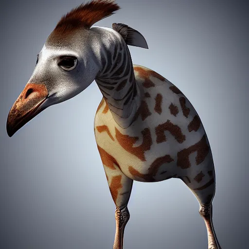 Prompt: a character design of a mix hybdrid between a penguin body, a giraffe neck, hyperdetailed mix, photomanipulation