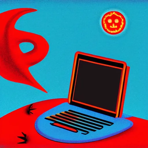 Prompt: a demon programmer using a laptop ~ evil smile ~ lava background ~ digital art ~ two horns ~