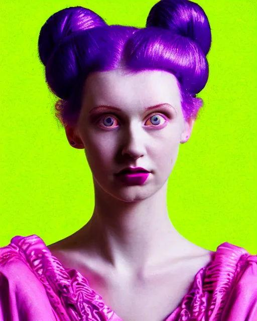 Prompt: photo-realistic portrait of a young pale woman with lilac hair buns, wearing a neon yellow dress by Vivienne Westwood, intricate details, masterpiece, black background