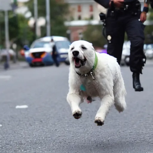 Prompt: a dog wearing a policeman uniform, chasing a robber down a street, polarid