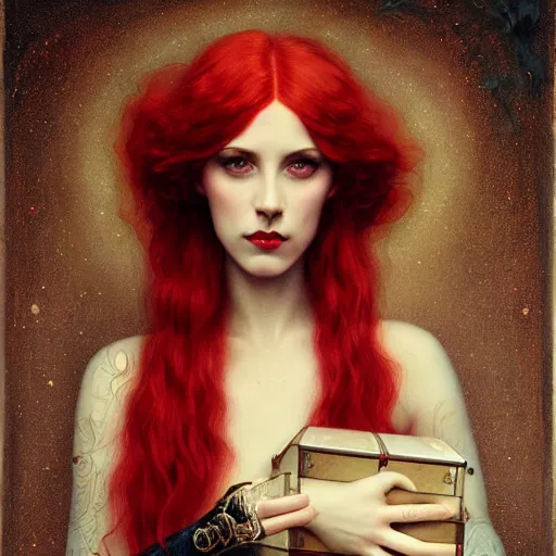 Prompt: a woman with red hair holding a box, a detailed painting by tom bagshaw, deviantart, gothic art, pre - raphaelite, wiccan, ambrotype