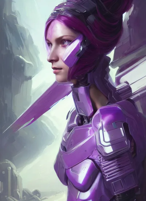 Prompt: painting, pale woman, sci - fi armor, purple flowing hair, beautiful, stoic face, gorgeous, face visible, scar, halo, cinematic lighting, eva suit, wallpaper, extremely detailed, sharp focus, by greg rutkowski and [ [ [ wlop ] ] ], intricate, beautiful, award winning, trending on artstation, pixiv