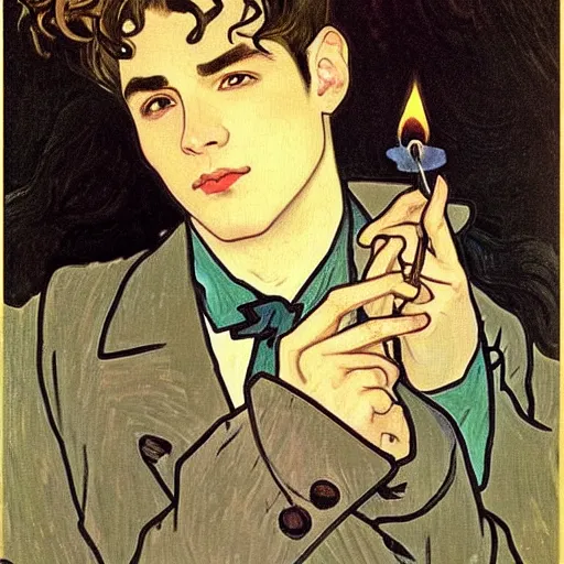 Image similar to painting of young cute handsome beautiful dark medium wavy hair man in his 2 0 s named shadow taehyung and cute handsome beautiful min - jun together at the halloween! party, bubbling cauldron!, candles!, smoke, autumn! colors, elegant, wearing suits!, delicate facial features, art by alphonse mucha, vincent van gogh, egon schiele