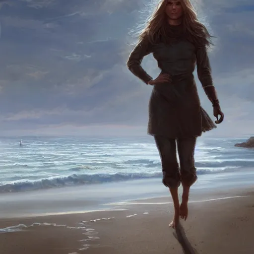 Prompt: A beautiful woman walking on the beach towards the viewer, high detail, 8K illustration, dynamic lighting, digital art, colorful, beautiful facial features, long hair, blue eyes sunny, art by Leesha Hannigan and Greg Rutkowski,