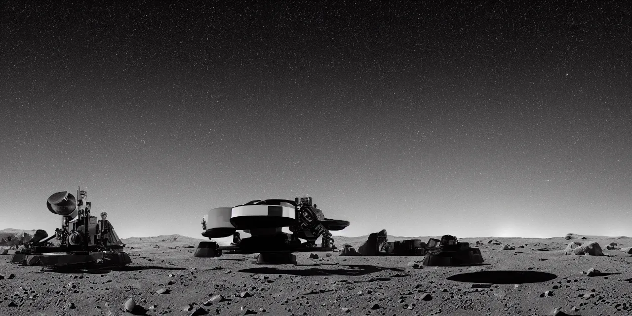 Prompt: black and white photo of a retailed spaceship landing on bright mars, black background with glowing stars and satalites, cinematic film still, high contrast, astrophotography, 4 k, 1 7 mm lens imax camera,