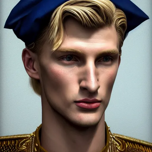 Image similar to A Crusader Kings II portrait of a blond young English man with high cheekbones. Good bone structure. Dressed in 1940s style. Highly detailed, fine Art, high detail, great lighting, 8k resolution, masterpiece, concept art, illustration, clear eyes, painting oil on canvas, octane render, HDR, trending on artstation, 4k, 8k, HD